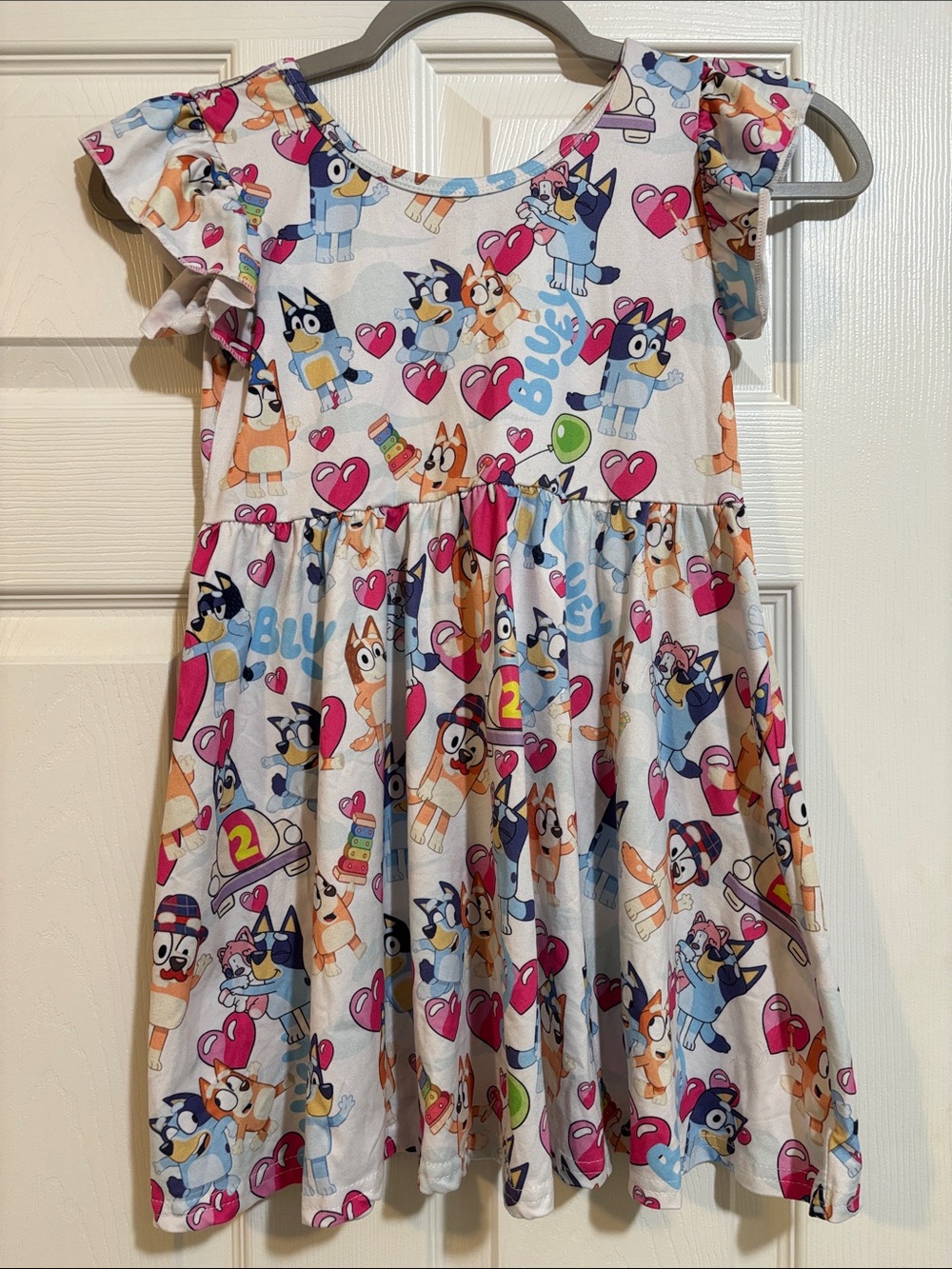 Bluey Print Pink & White Girls Flutter-Sleeve Dress